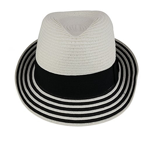 Trendy Apparel Shop Ladies Stylish Striped Brim Paper Braid Fedora with Hat Band