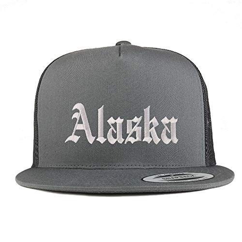 Trendy Apparel Shop Alaska State Old English 5 Panel Flatbill Trucker Mesh Cap