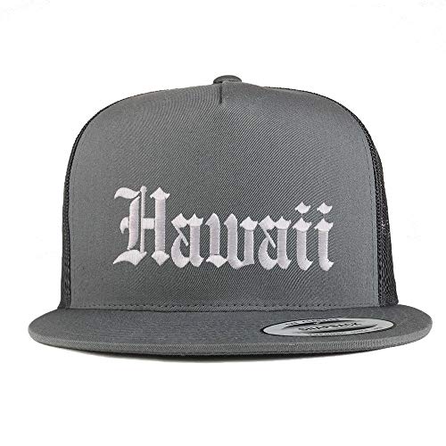 Trendy Apparel Shop Hawaii State Old English 5 Panel Flatbill Trucker Mesh Cap