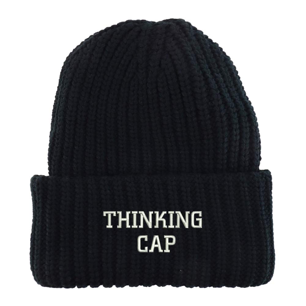 Trendy Apparel Shop Thinking Cap Embroidered Long Cuffed Thick Ribbed Beanie