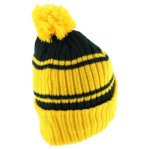 Trendy Apparel Shop Stripe Pattern Ribbed Knit Cuff Long Beanie with Pom Pom