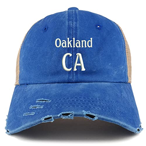 Trendy Apparel Shop Oakland CA Embroidered Frayed Bill Trucker Mesh Back Cap