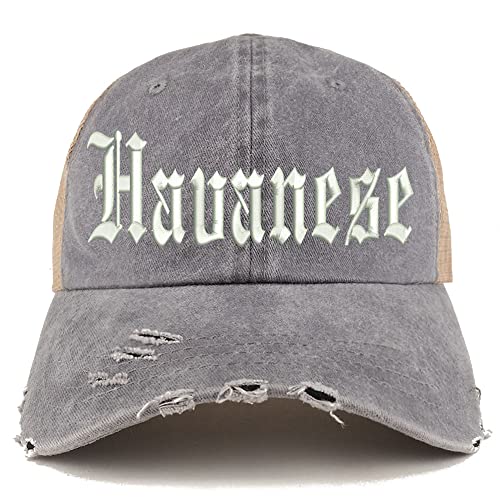 Trendy Apparel Shop Old English Havanese Frayed Bill Trucker Mesh Back Cap