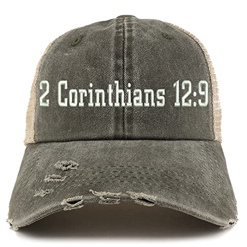 Trendy Apparel Shop 2 Corinthians 12:9 Frayed Bill Trucker Mesh Back Cap