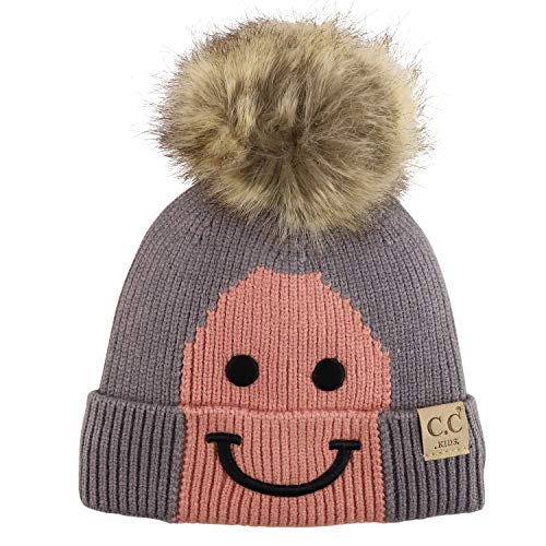 Trendy Apparel Shop Youth Size Kid's Smile Embroidered Faux Fur Pom Beanie