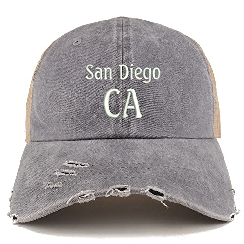 Trendy Apparel Shop San Diego CA Embroidered Frayed Bill Trucker Mesh Back Cap