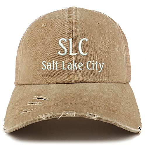 Trendy Apparel Shop SLC Salt Lake City Embroidered Frayed Bill Trucker Mesh Back Cap