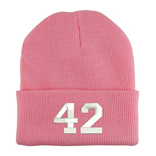 Trendy Apparel Shop Number 42 Collegiate Varsity Embroidered Made in USA Cuff Folded Acylic Knit Winter Beanie Hat