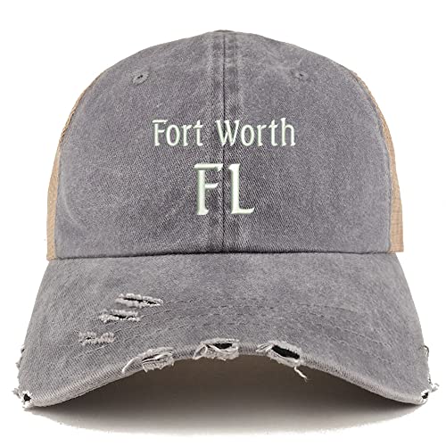 Trendy Apparel Shop Fort Worth FL Embroidered Frayed Bill Trucker Mesh Back Cap