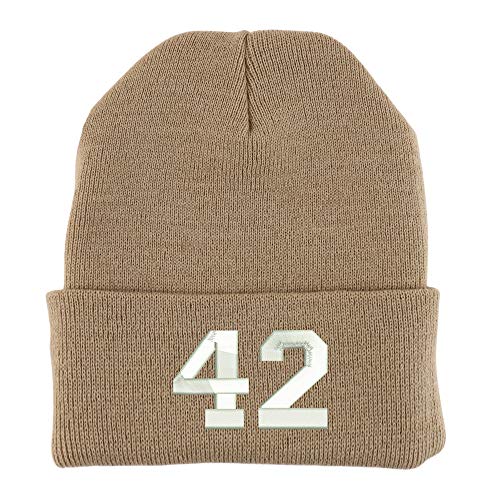 Trendy Apparel Shop Number 42 Collegiate Varsity Embroidered Made in USA Cuff Folded Acylic Knit Winter Beanie Hat