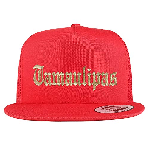 Trendy Apparel Shop Old English Tamaulipas Gold Embroidered 5 Panel Flatbill Trucker Mesh Cap