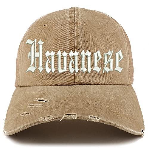 Trendy Apparel Shop Old English Havanese Frayed Bill Trucker Mesh Back Cap