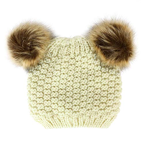 Trendy Apparel Shop Kid's Youth Size Girls Fur pom Ears Crochet Knit Beanie Hat