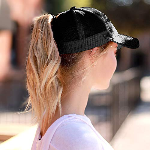 Trendy Apparel Shop Ladies Ponytail Structured Metallic Glitter Mesh Trucker Cap