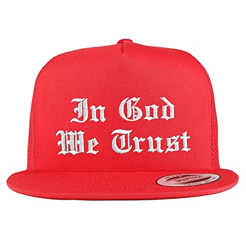 Trendy Apparel Shop in God We Trust Old English 5 Panel Flatbill Trucker Cap