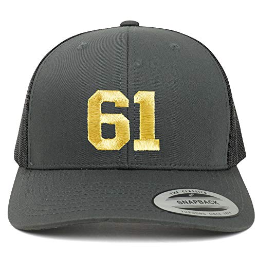 Trendy Apparel Shop Number 61 Gold Thread Embroidered Retro Trucker Mesh Cap