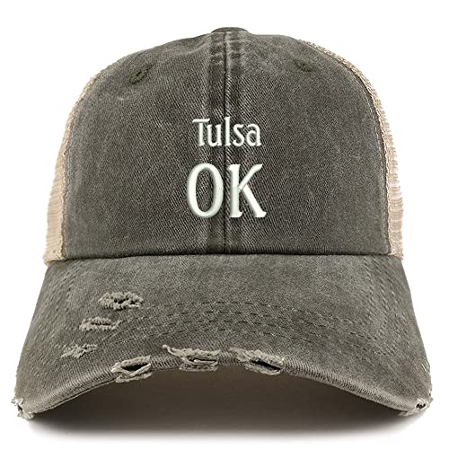 Trendy Apparel Shop Tulsa OK Embroidered Frayed Bill Trucker Mesh Back Cap