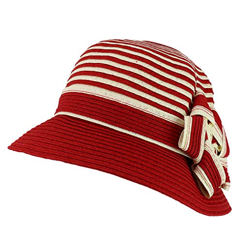Trendy Apparel Shop Women's Flower Accent Striped Crown Paper Braid Bucket Hat