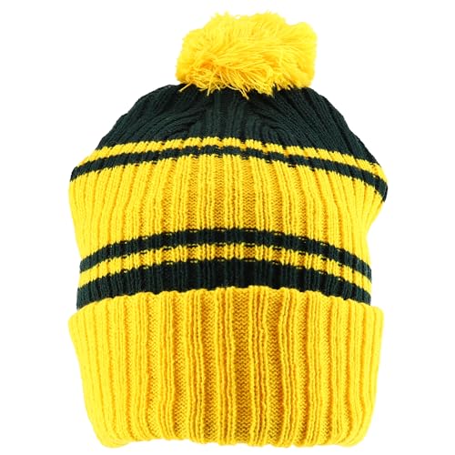 Trendy Apparel Shop Stripe Pattern Ribbed Knit Cuff Long Beanie with Pom Pom