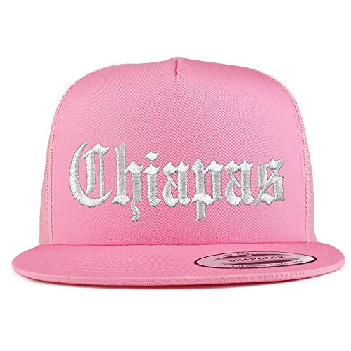 Trendy Apparel Shop Old English Chiapas White Embroidered 5 Panel Flatbill Trucker Mesh Cap