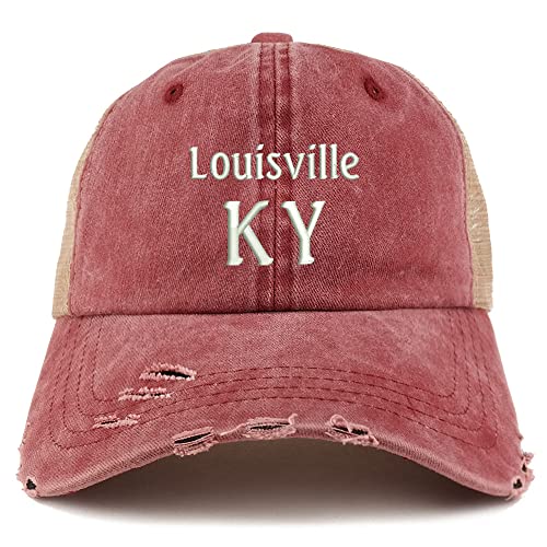 Trendy Apparel Shop Louisville KY Embroidered Frayed Bill Trucker Mesh Back Cap