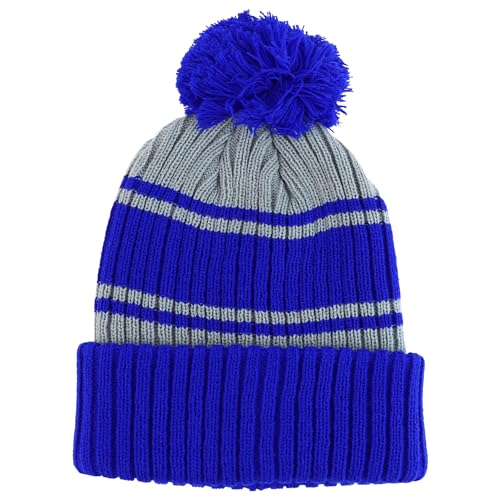 Trendy Apparel Shop Stripe Pattern Ribbed Knit Cuff Long Beanie with Pom Pom