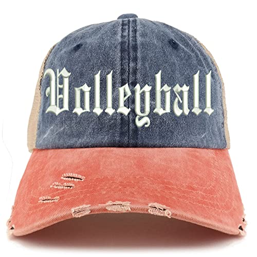 Trendy Apparel Shop Old English Volleyball Frayed Bill Trucker Mesh Back Cap