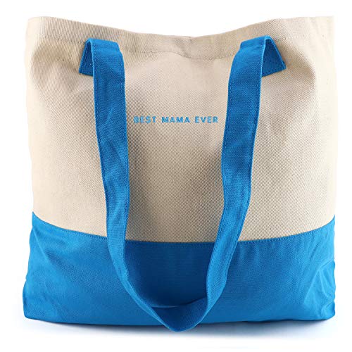 Trendy Apparel Shop Best Mama Ever Embroidred Colorblock Cotton Twill Large Tote Bag