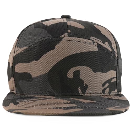 Trendy Apparel Shop 7 Panel Cotton Structured Flat Bill Camper Style Snapback Cap