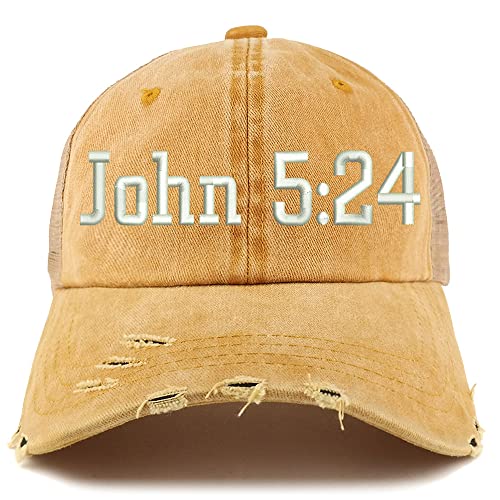 Trendy Apparel Shop John 5:24 Frayed Bill Trucker Mesh Back Cap