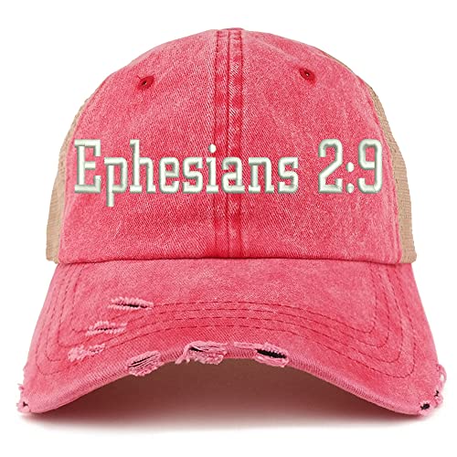 Trendy Apparel Shop Ephesians 2:9 Frayed Bill Trucker Mesh Back Cap