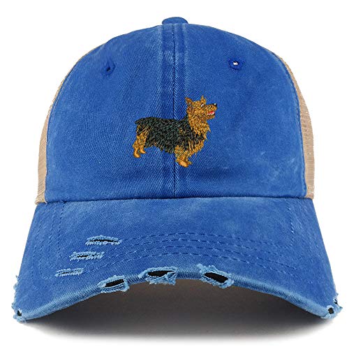 Trendy Apparel Shop Australian Terrier Dog Embroidered Frayed Bill Trucker Mesh Back Cap