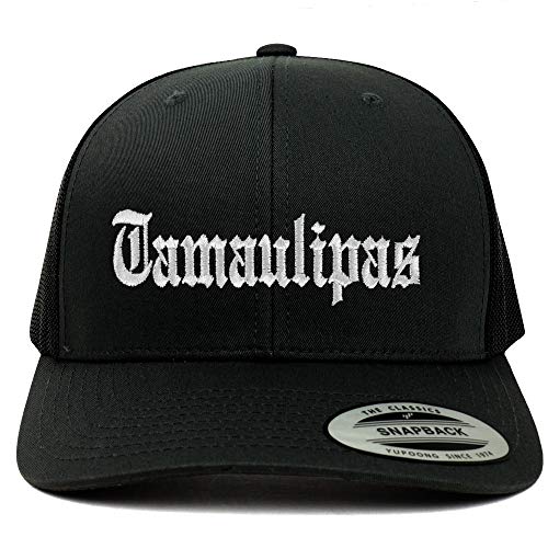 Trendy Apparel Shop Old English Tamaulipas White Embroidered Retro Trucker Mesh Cap