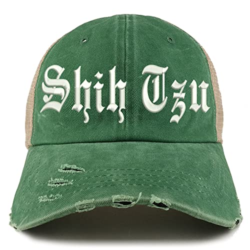 Trendy Apparel Shop Old English Shih Tzu Frayed Bill Trucker Mesh Back Cap