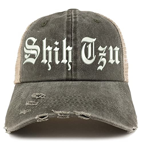 Trendy Apparel Shop Old English Shih Tzu Frayed Bill Trucker Mesh Back Cap