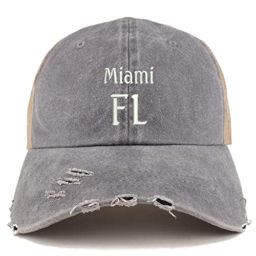 Trendy Apparel Shop Miami FL Embroidered Frayed Bill Trucker Mesh Back Cap