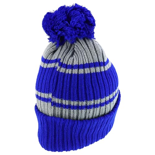 Trendy Apparel Shop Stripe Pattern Ribbed Knit Cuff Long Beanie with Pom Pom