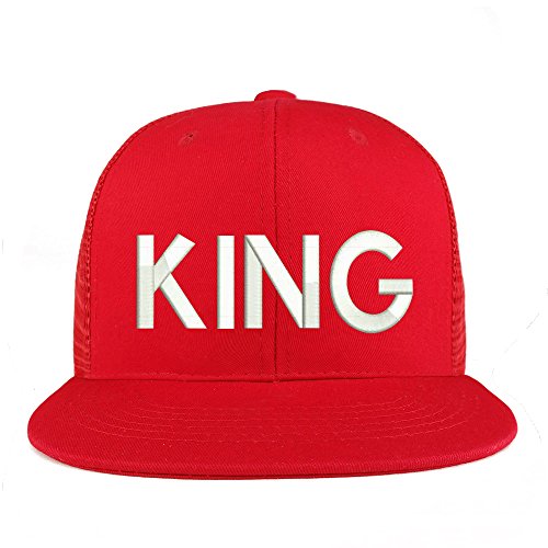 Trendy Apparel Shop King Embroidered Cotton Flat Bill Mesh Back Trucker Cap