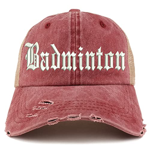 Trendy Apparel Shop Old English Badminton Frayed Bill Trucker Mesh Back Cap