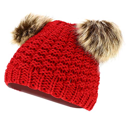 Trendy Apparel Shop Kid's Youth Size Girls Fur pom Ears Crochet Knit Beanie Hat