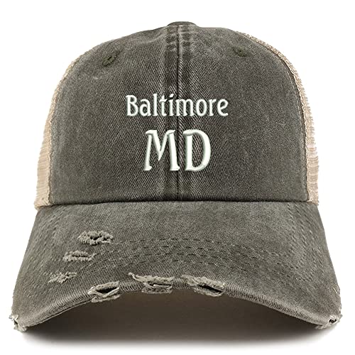 Trendy Apparel Shop Baltimore MD Embroidered Frayed Bill Trucker Mesh Back Cap