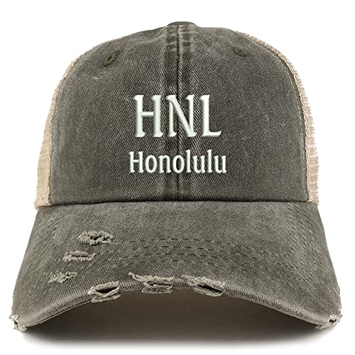 Trendy Apparel Shop HNL Honolulu Embroidered Frayed Bill Trucker Mesh Back Cap