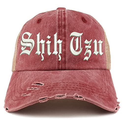 Trendy Apparel Shop Old English Shih Tzu Frayed Bill Trucker Mesh Back Cap
