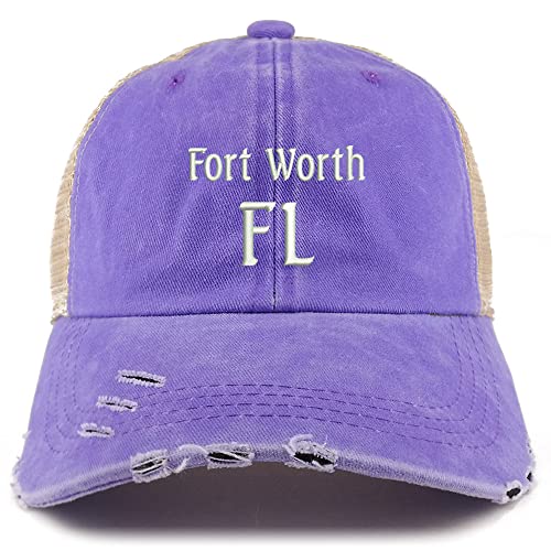 Trendy Apparel Shop Fort Worth FL Embroidered Frayed Bill Trucker Mesh Back Cap