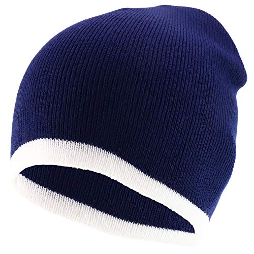 Trendy Apparel Shop Two Tone Color Bottom Striped Short Knit Winter Beanie Hat