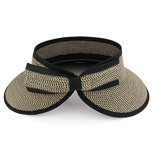 Trendy Apparel Shop Womens UPF 50+ Paper Braid Rolled UV Protection Visor Hat with Bow