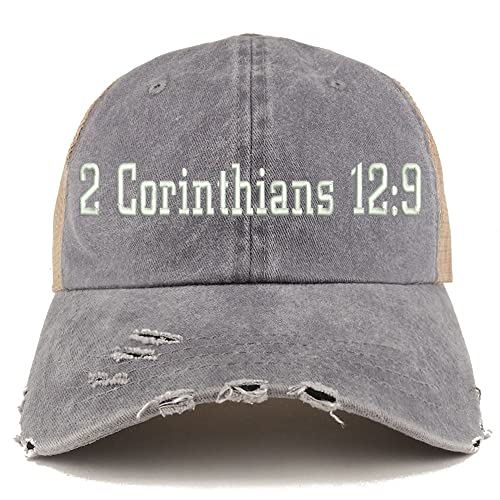 Trendy Apparel Shop 2 Corinthians 12:9 Frayed Bill Trucker Mesh Back Cap