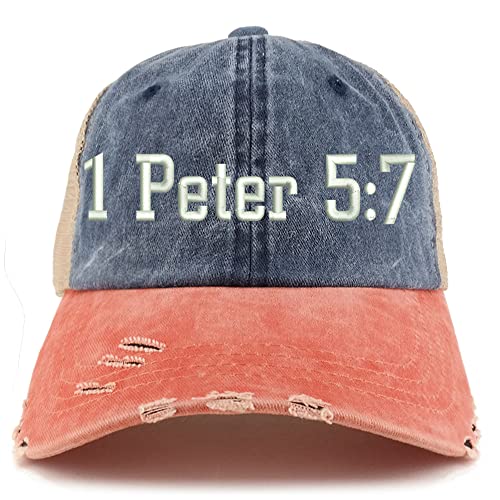 Trendy Apparel Shop 1 Peter 5:7 Frayed Bill Trucker Mesh Back Cap