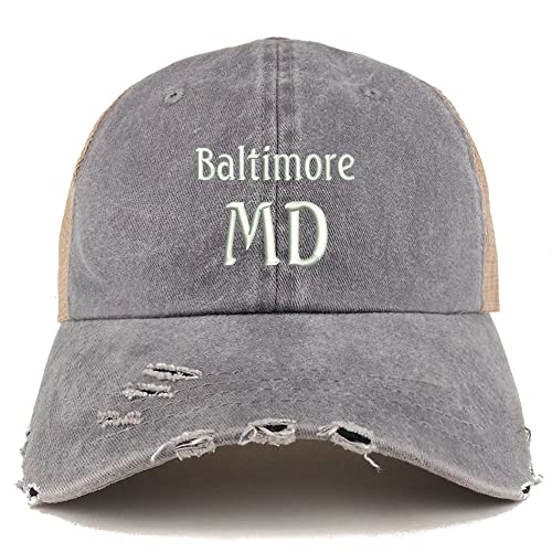 Trendy Apparel Shop Baltimore MD Embroidered Frayed Bill Trucker Mesh Back Cap