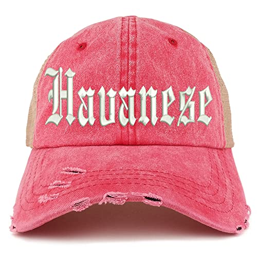 Trendy Apparel Shop Old English Havanese Frayed Bill Trucker Mesh Back Cap